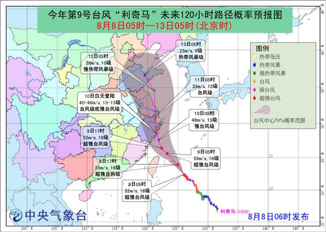台风“利奇马”路径概率预报图